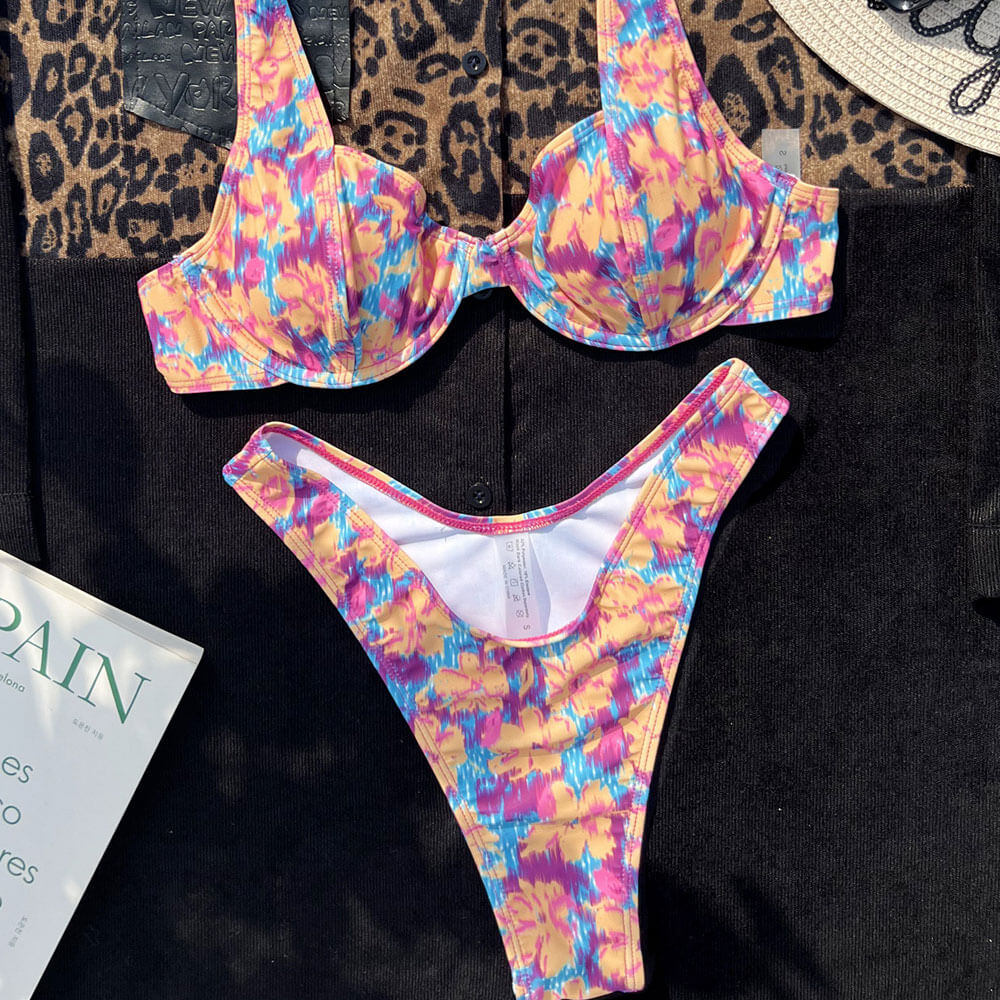 Blurry Floral Print High Cut Cheeky Underwire Brazilian Two Piece Bikini