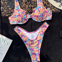 Blurry Floral Print High Cut Cheeky Underwire Brazilian Two Piece Bikini