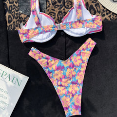 Blurry Floral Print High Cut Cheeky Underwire Brazilian Two Piece Bikini