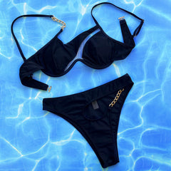 Chain Cutout High Rise Sheer Mesh Underwire Brazilian Two Piece Bikini