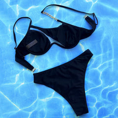 Chain Cutout High Rise Sheer Mesh Underwire Brazilian Two Piece Bikini