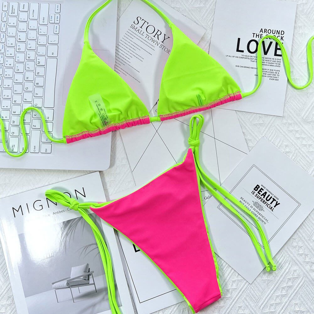 Contrast Neon Tie String Cheeky Slide Triangle Brazilian Two Piece Bikini
