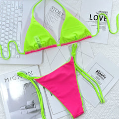 Contrast Neon Tie String Cheeky Slide Triangle Brazilian Two Piece Bikini