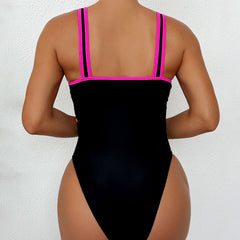 Contrast Piping Moderate Coverage Deep V Brazilian One Piece Swimsuit
