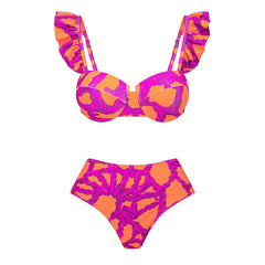 Contrast Rope Print High Waist Ruffle Underwire Brazilian Two Piece Bikini