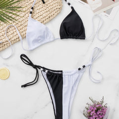 Contrast Side String Beaded Triangle Brazilian Two Piece Bikini