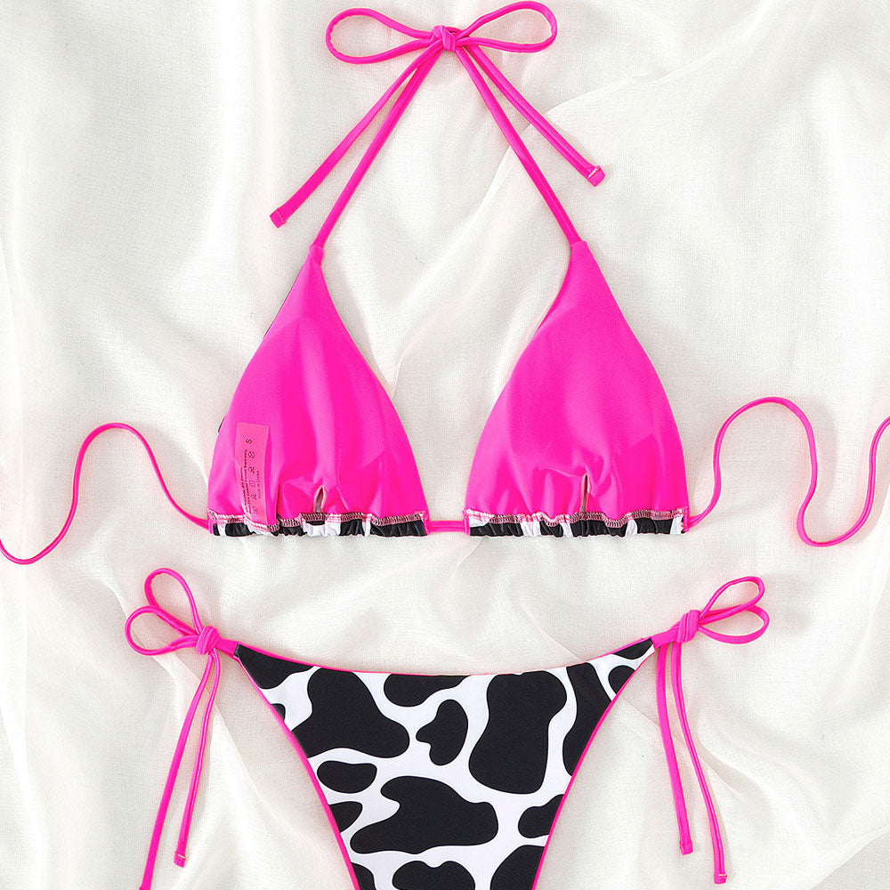 Contrast Tie String Cheeky Cow Print Triangle Brazilian Two Piece Bikini