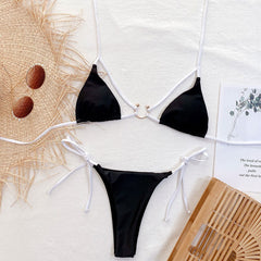 Contrast Trim Tie String Slide Triangle Brazilian Two Piece Bikini