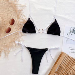 Contrast Trim Tie String Slide Triangle Brazilian Two Piece Bikini