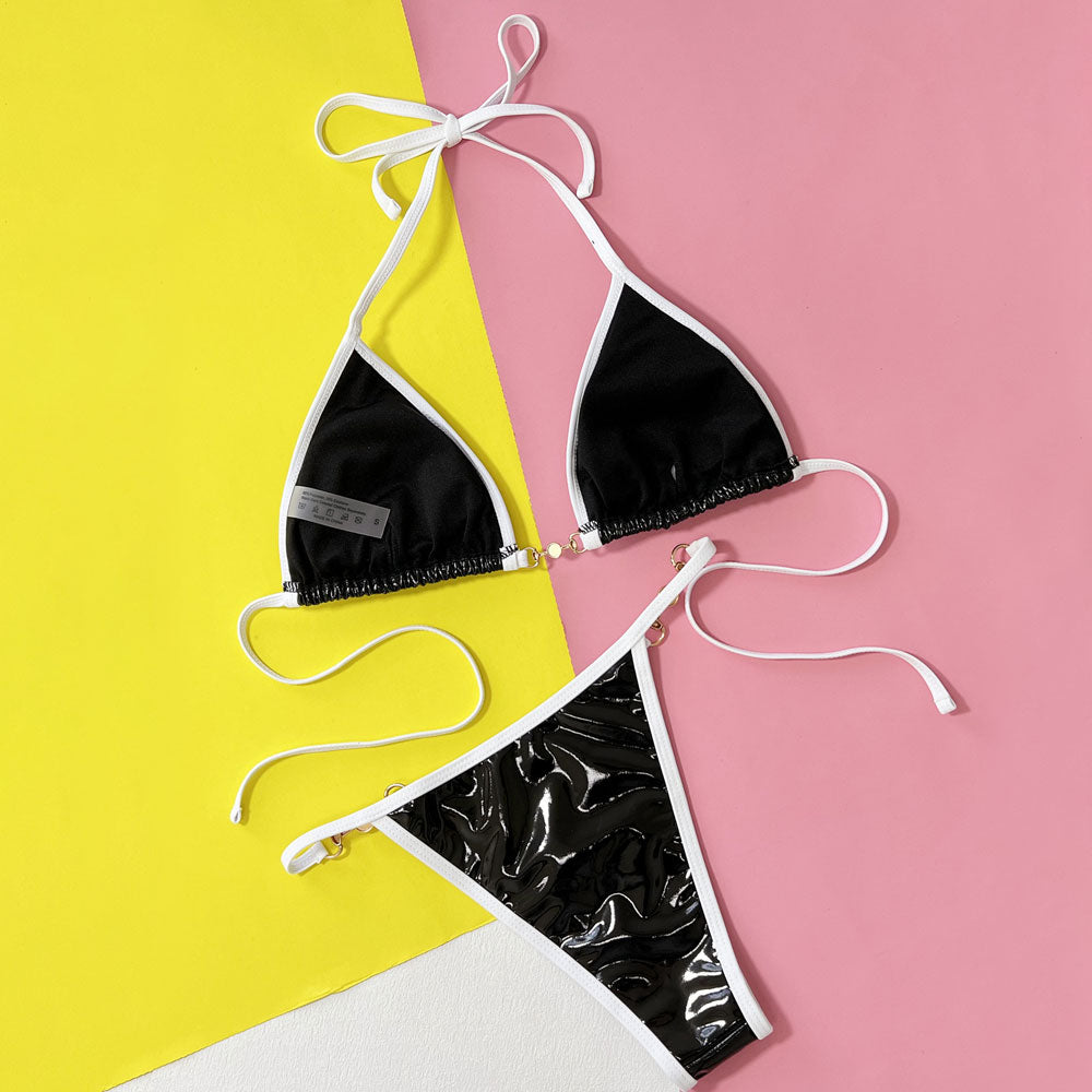 Contrast Vinyl String Cheeky Triangle Brazilian Two Piece Bikini