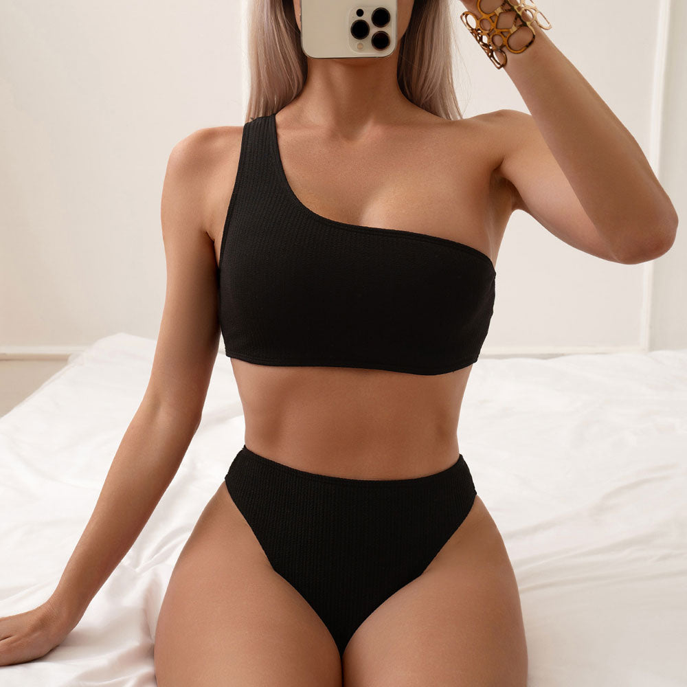 Crinkled Cheeky High Waist One shoulder Brazilian Two Piece Bikini