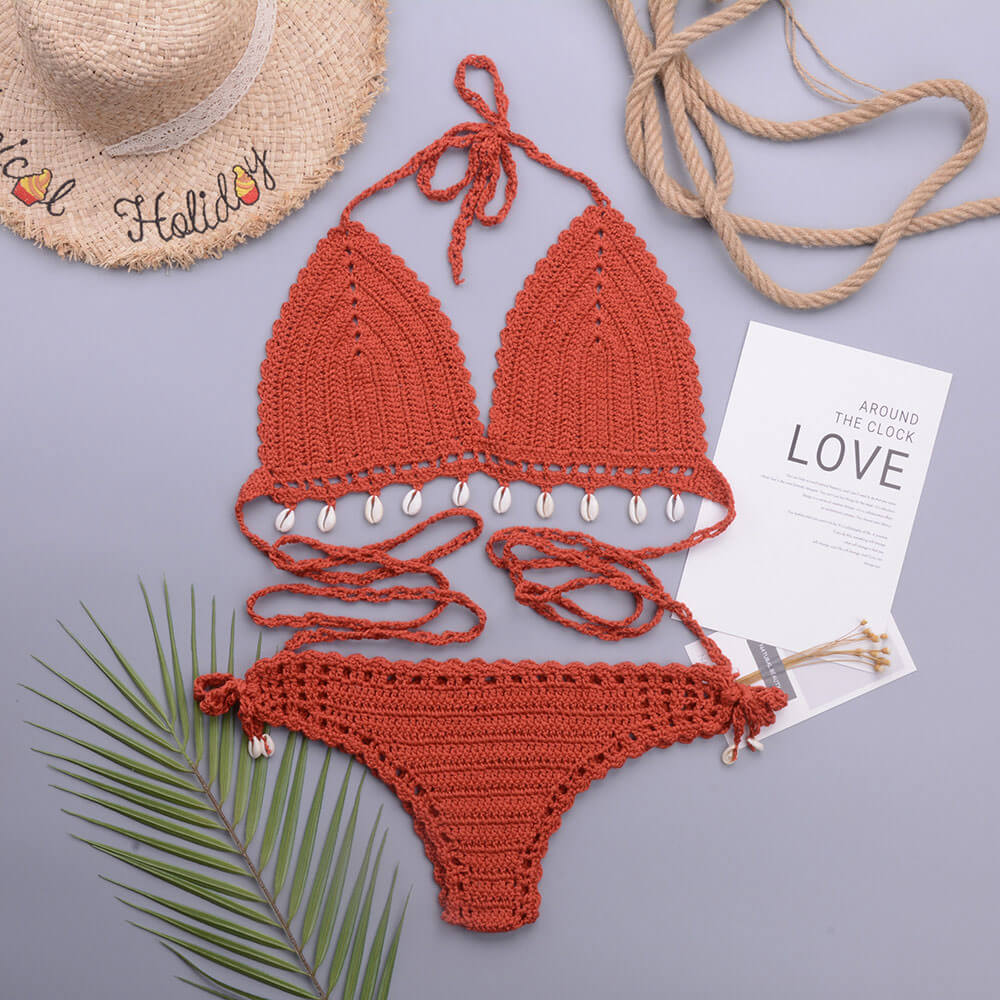 Crochet Knit Shell Trim Halter Triangle Brazilian Two Piece Bikini