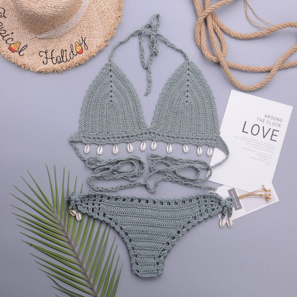 Crochet Knit Shell Trim Halter Triangle Brazilian Two Piece Bikini