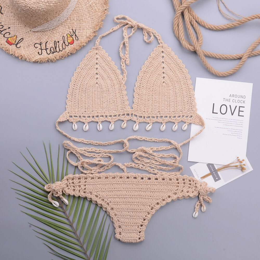 Crochet Knit Shell Trim Halter Triangle Brazilian Two Piece Bikini