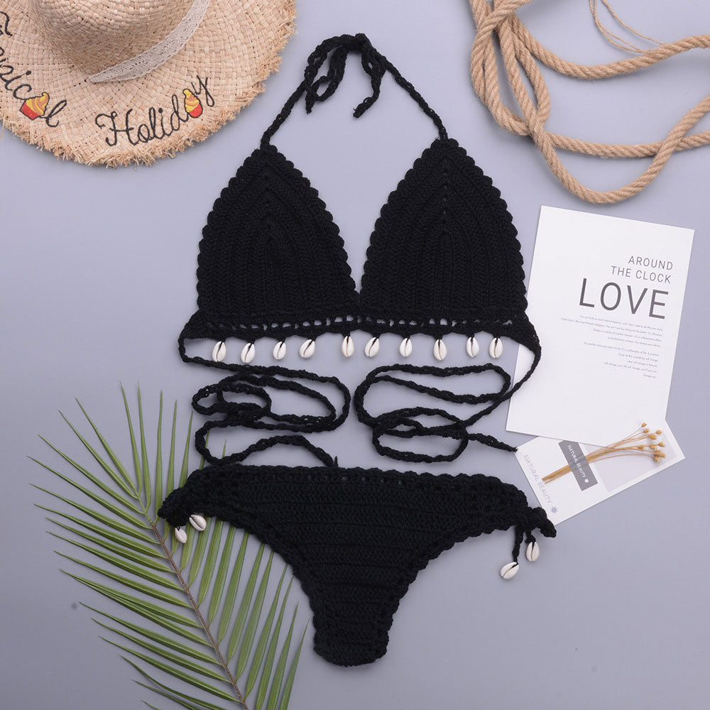 Crochet Knit Shell Trim Halter Triangle Brazilian Two Piece Bikini