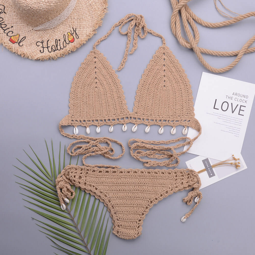Crochet Knit Shell Trim Halter Triangle Brazilian Two Piece Bikini