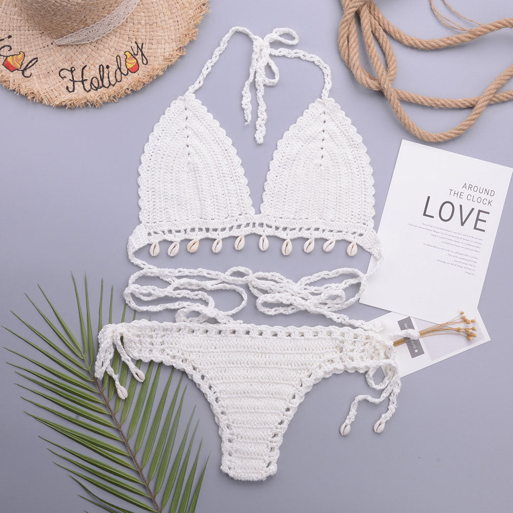 Crochet Knit Shell Trim Halter Triangle Brazilian Two Piece Bikini