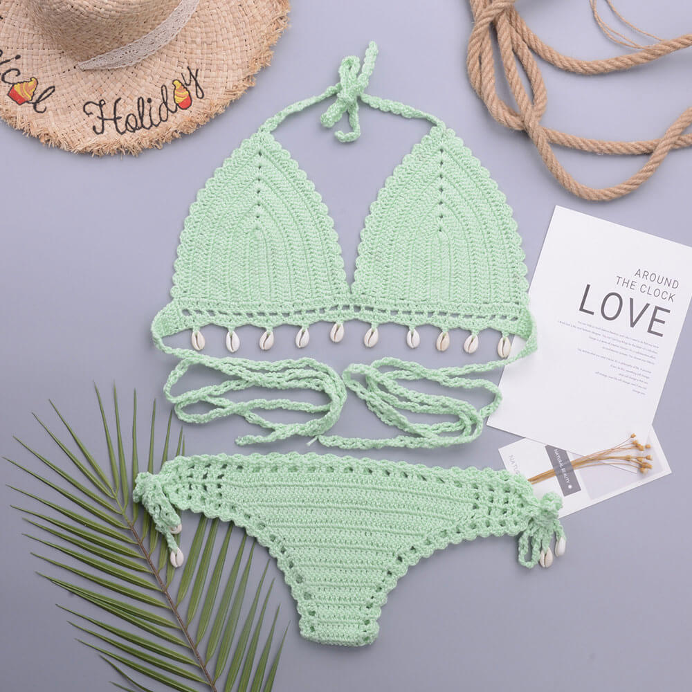 Crochet Knit Shell Trim Halter Triangle Brazilian Two Piece Bikini
