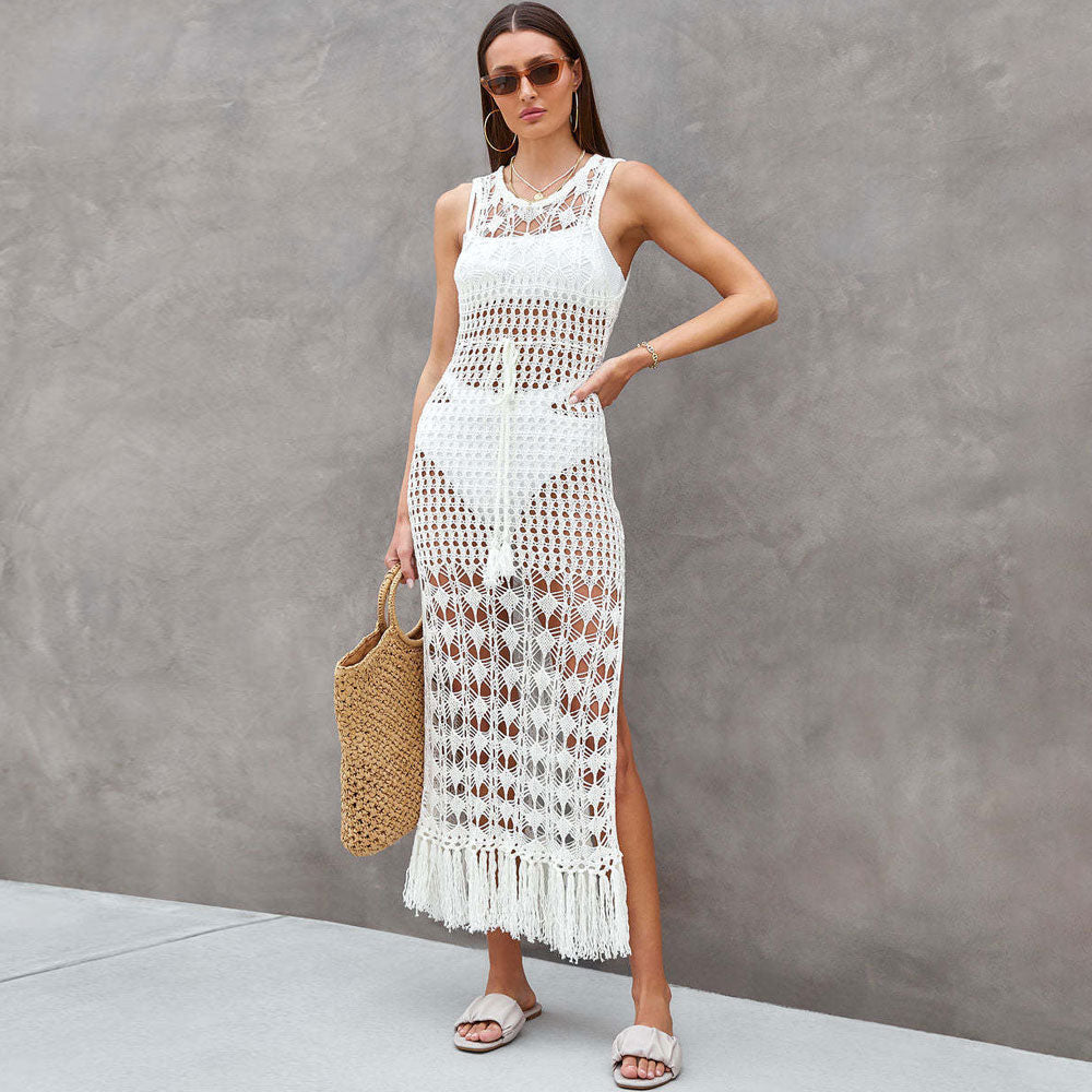 Cutout Back Crochet Open Knit Side Split Fringe Brazilian Beach Cover Up