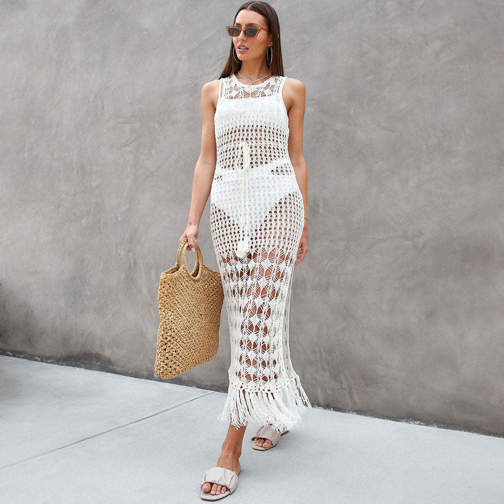 Cutout Back Crochet Open Knit Side Split Fringe Brazilian Beach Cover Up