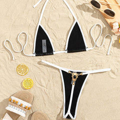 Diamante Thong Metallic Foil Micro Triangle Brazilian Two Piece Bikini