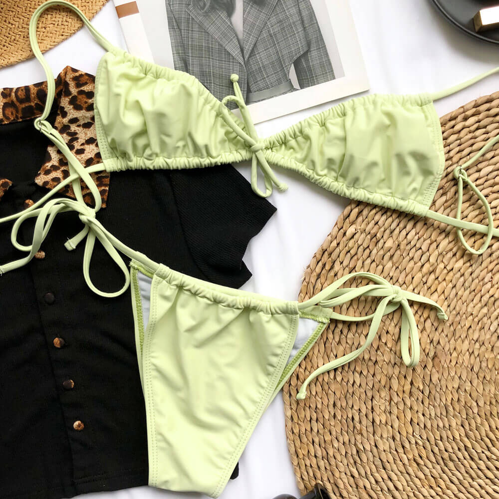 Drawstring Tie Ruched Triangle Bralette Brazilian Two Piece Bikini