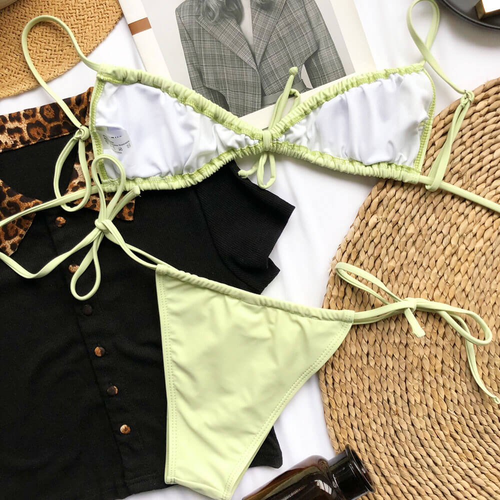 Drawstring Tie Ruched Triangle Bralette Brazilian Two Piece Bikini