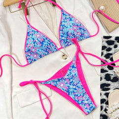 Floral Neon Tie String Cheeky Slide Triangle Brazilian Two Piece Bikini
