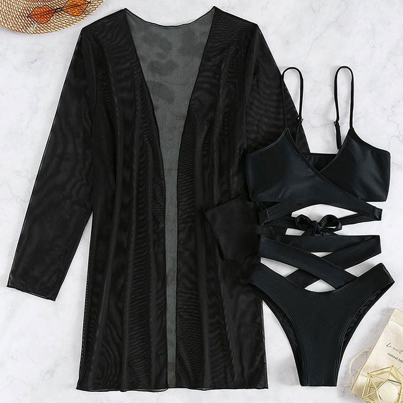 High Leg Cheeky Cutout Wrap Around Brazilian Three Piece Bikini