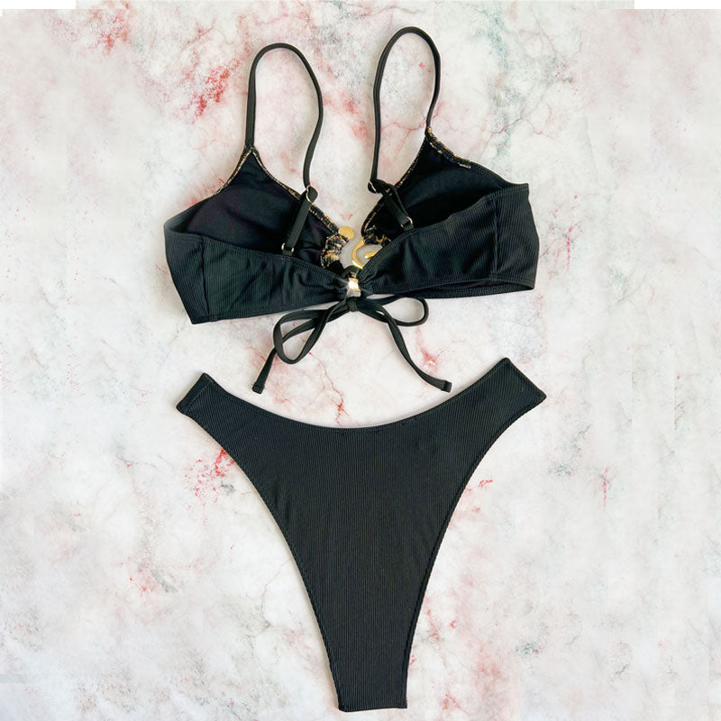 High Leg Swirl Ring Leopard Contrast Ribbed Brazilian Two Piece Bikini