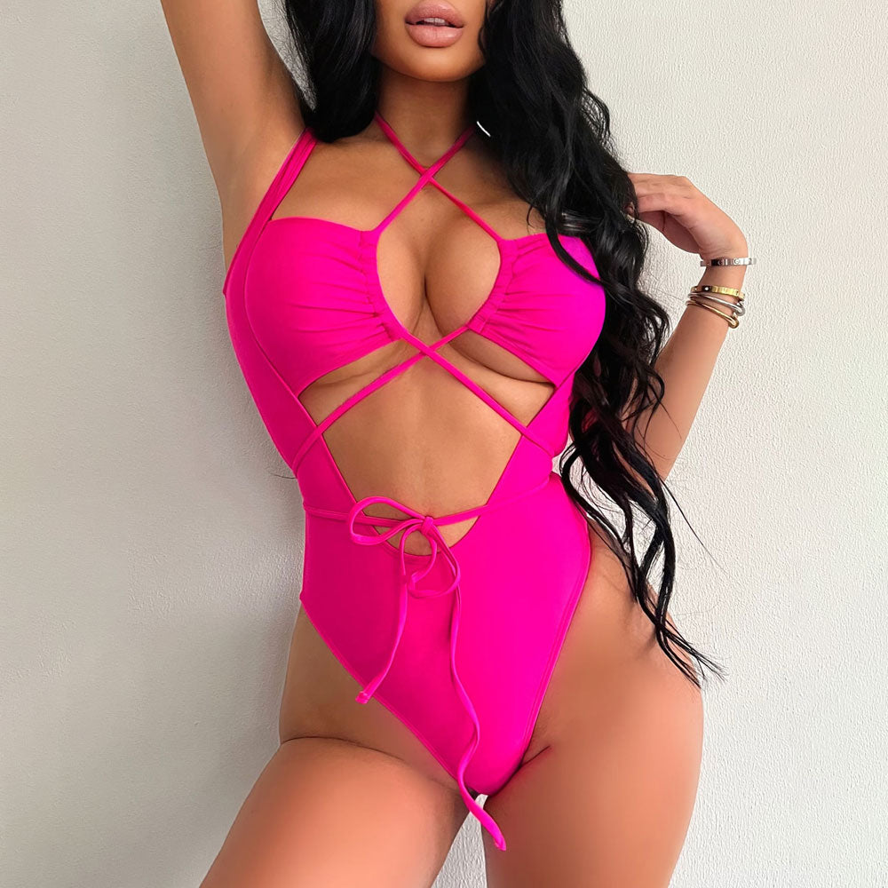 High Leg Thong Cutout Halter Wrap Deep V Brazilian One Piece Swimsuit
