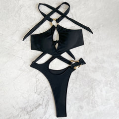 High Leg Thong Metal Ring Cut Out Halter Brazilian One Piece Swimsuit