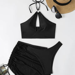 Mesh Cover Up High Leg Cheeky Cutout Halter Brazilian Three Piece Bikini