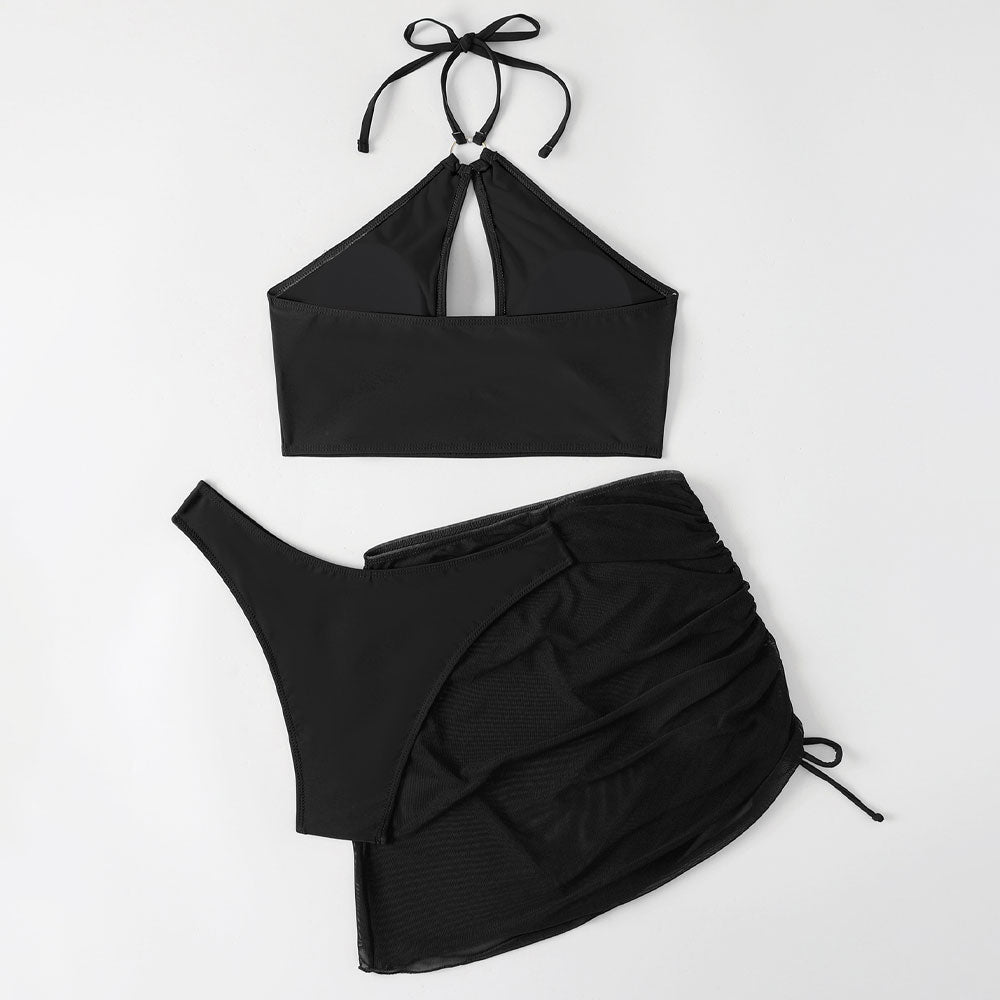 Mesh Cover Up High Leg Cheeky Cutout Halter Brazilian Three Piece Bikini