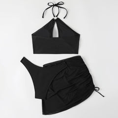 Mesh Cover Up High Leg Cheeky Cutout Halter Brazilian Three Piece Bikini