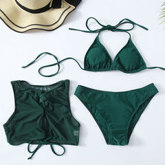 Mesh Lace Up Cover Up Slide Triangle Brazilian Three Piece Bikini