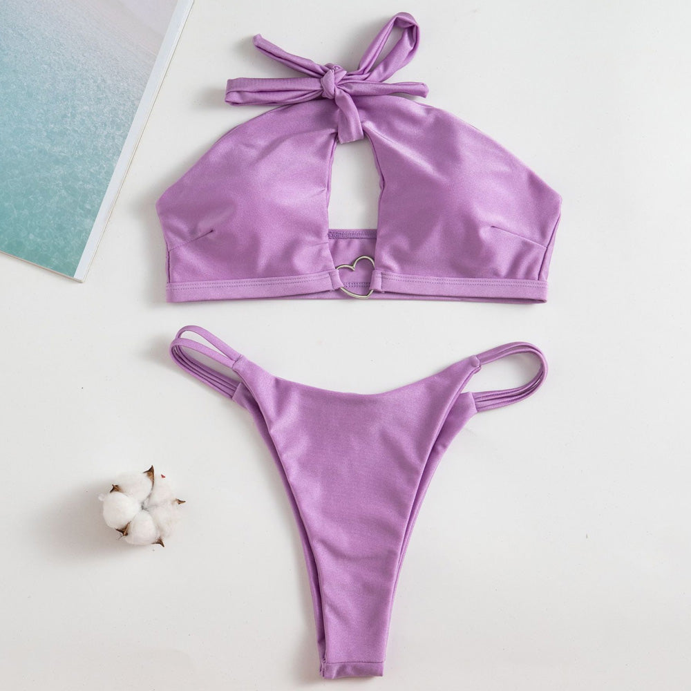 Metal Heart String Cutout Halter Brazilian Two Piece Bikini