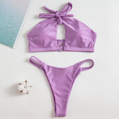 Metal Heart String Cutout Halter Brazilian Two Piece Bikini
