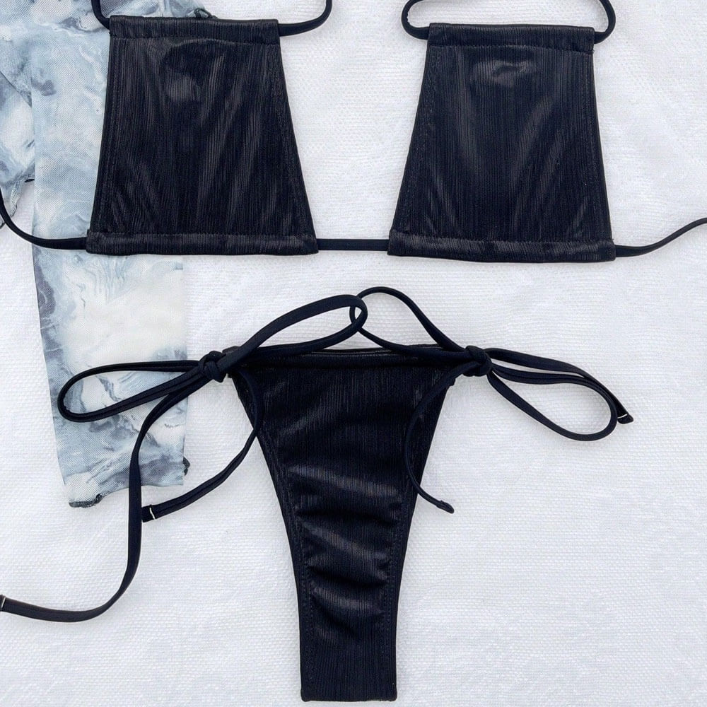 Metallic Tie Side Cheeky Thong Slide Brazilian Two Piece Bikini