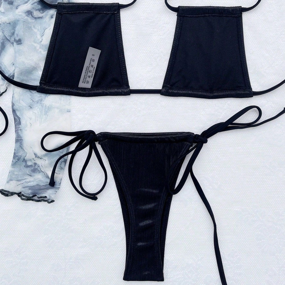 Metallic Tie Side Cheeky Thong Slide Brazilian Two Piece Bikini