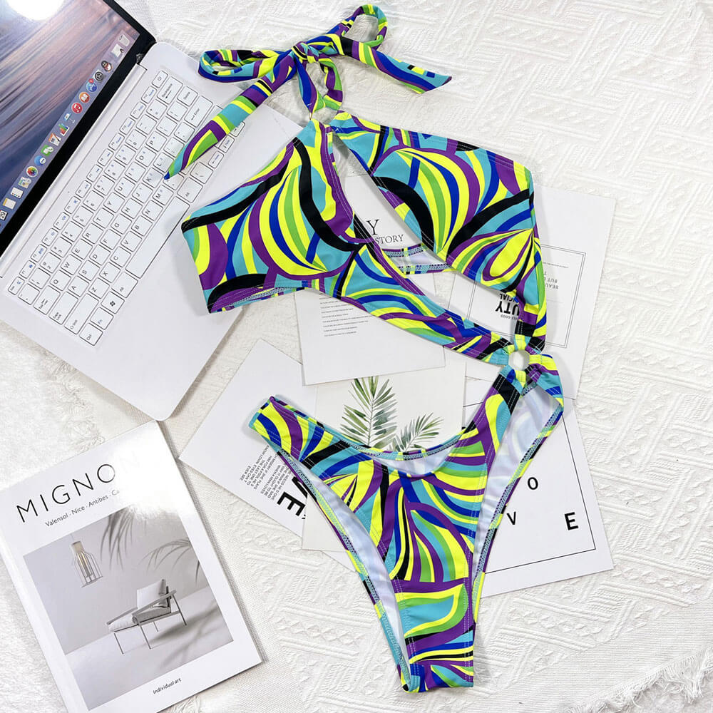 Multi Print High Cut O Ring Cutout Halter Brazilian One Piece Swimsuit