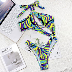 Multi Print High Cut O Ring Cutout Halter Brazilian One Piece Swimsuit