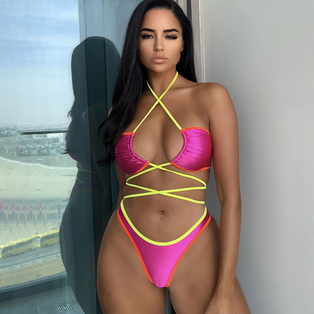 Neon High Cut Cheeky Wrap Halter Brazilian Two Piece Bikini