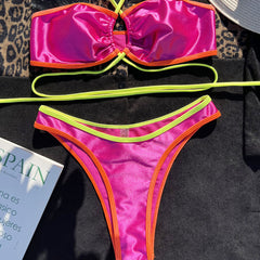 Neon High Cut Cheeky Wrap Halter Brazilian Two Piece Bikini