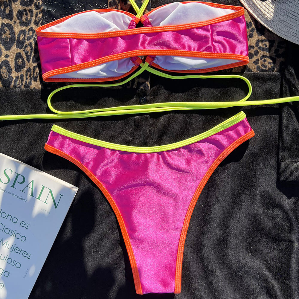 Neon High Cut Cheeky Wrap Halter Brazilian Two Piece Bikini