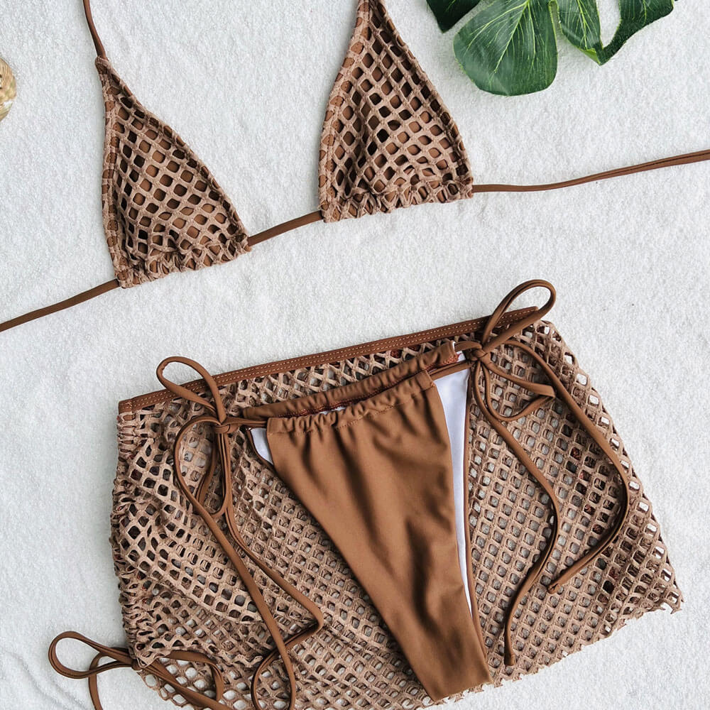 Netted Cover Up Tie String Micro Triangle Brazilian Three Piece Bikini