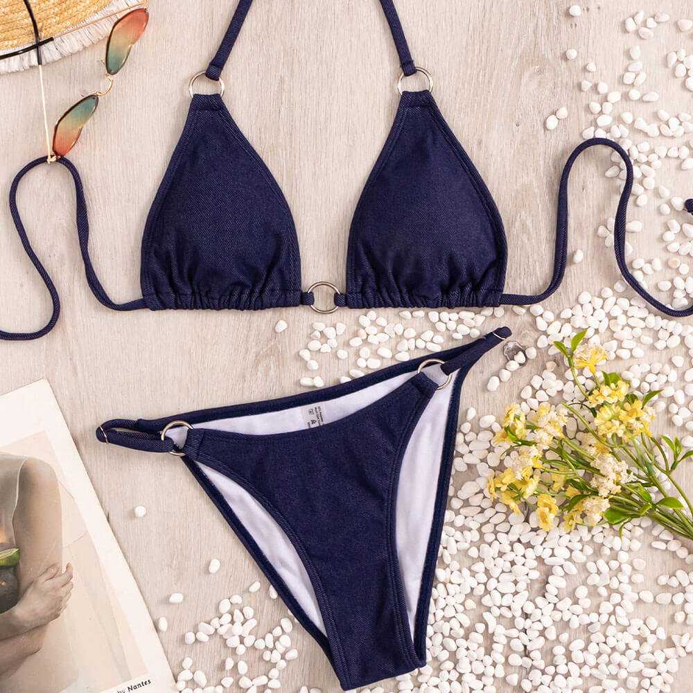 O Ring High Leg Denim Triangle Brazilian Two Piece Bikini