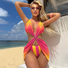 Ombre Striped Rhinestone Halter Triangle High Leg Brazilian Three Piece Bikini