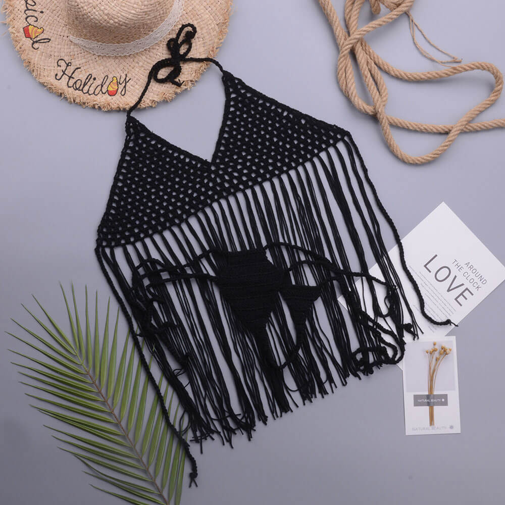 Open Knit Crochet Thong Tassel Halter Brazilian Two Piece Bikini