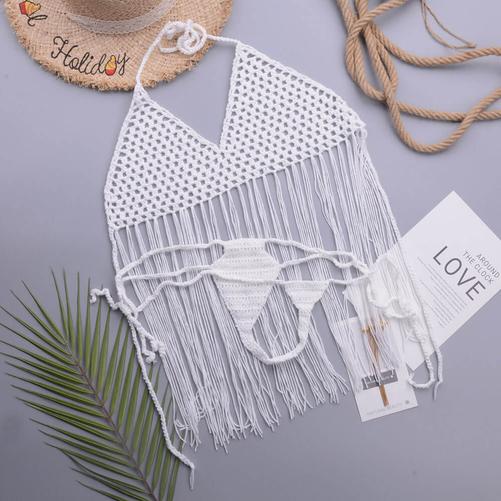 Open Knit Crochet Thong Tassel Halter Brazilian Two Piece Bikini